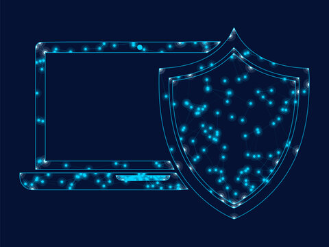 Glowing digital laptop shield showing internet security and data protection technology