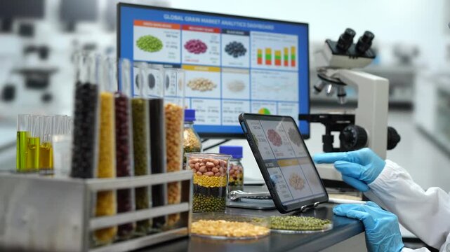 Scientist wearing blue gloves uses a tablet beside a microscope, test tubes with grains and seeds, and a screen showing food research data in a modern laboratory.