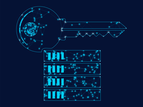 Glowing blue digital key unlocking four secure abstract data storage blocks