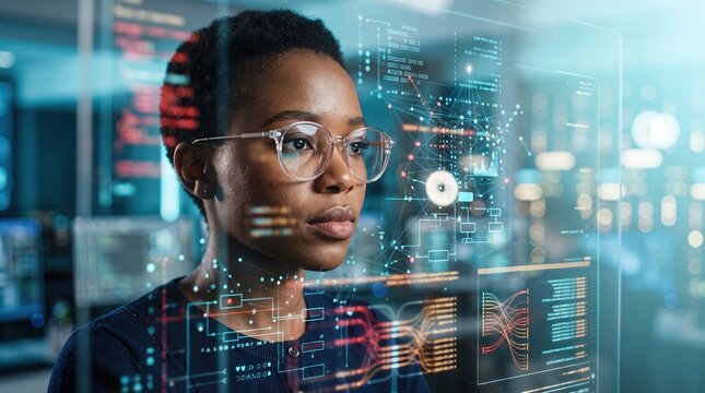 Young professional with glasses in a tech workspace, facing holographic data charts, code panels, and network diagrams overlaid on the scene