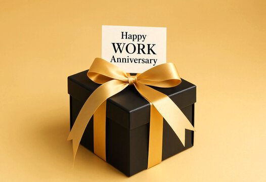Black gift box with gold ribbon celebrating work anniversary message card