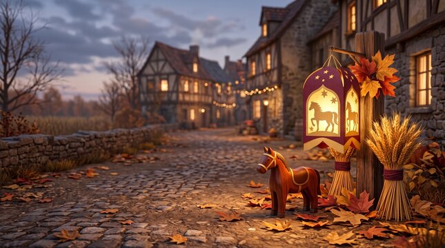 Stylized 3D St. Martin's Day composition combining lanterns, wheat, autumn leaves and traditional horse symbolism.