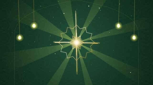 Golden geometric shape disintegrates and reforms against a dark green star filled background disintegration animation abstract loop