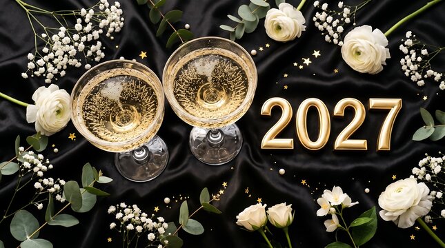 Two elegant champagne coupes with white flowers on a black silk background for the celebration of the upcoming year twenty twenty seven
