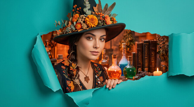 Woman wearing floral decorated hat peering through torn paper hole in teal background, magic potions and old books on shelf behind her. Fantasy, witchcraft, alchemy, storytelling.