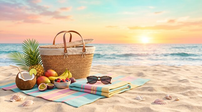 Tropical Summer Picnic 3D Banner with Copy Space