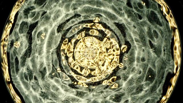 Cymatics wave patterns created by sound frequencies in liquid, forming complex symmetrical golden structures and concentric ripples on a dark background.