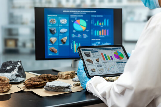 Scientist in protective gloves examines rock samples with a tablet while a monitor shows charts and mineral data in a modern laboratory.