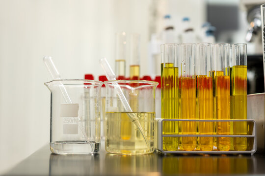 Glass beakers and test tubes filled with yellow liquid on a laboratory bench, showing chemical research, analysis, and science experiments in a clean modern lab.