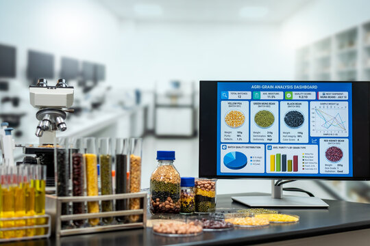 Modern food science laboratory with grain samples, test tubes, microscope and computer screen showing an agricultural analysis dashboard.