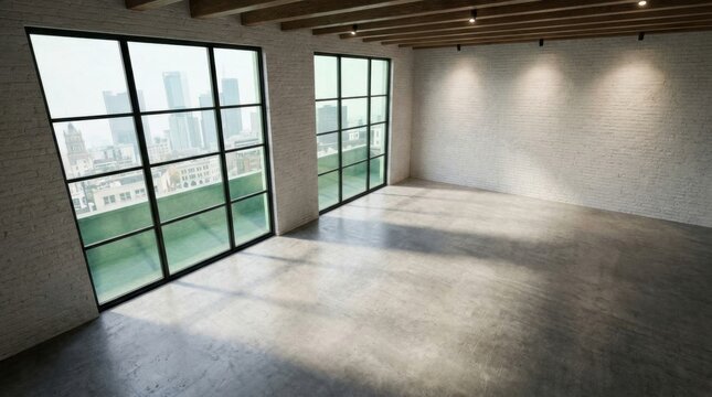 Modern empty loft apartment with large windows and concrete floor.