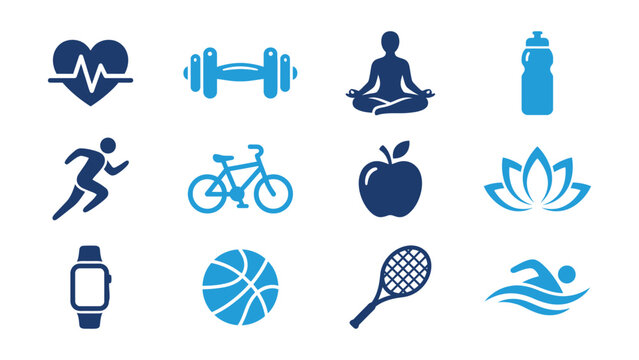 Set of flat icons representing various fitness and healthy lifestyle activities