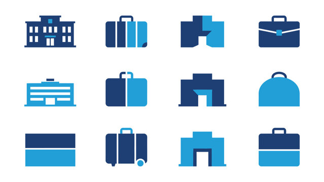 Set of flat icons showing buildings luggage and briefcases in blue tones