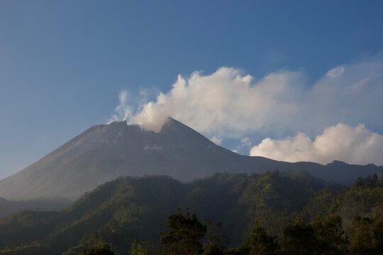 Merapi Volcano with Volcanic Steam Rising from the Summit