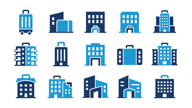 Set of modern flat icons featuring buildings and luggage items on transparent background