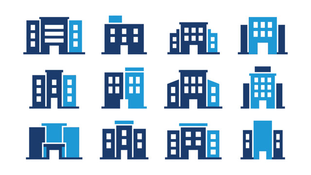 Set of modern minimalist building icons with blue and dark accents transparent background