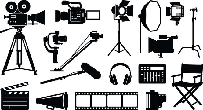 Film Production and Movie Making Equipment Icons Cinema Camera on Tripod Gimbal Stabilizer Camera Crane Jib Studio Lighting Softbox Boom Microphone Audio Mixer Clapperboard