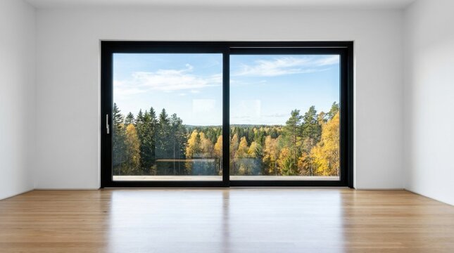 Modern empty room with large sliding glass door overlooking autumn forest landscape.