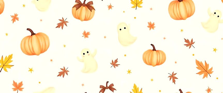 Watercolor Halloween seamless pattern, cute ghosts and orange pumpkins on white background, autumn leaves and spooky fall harvest texture