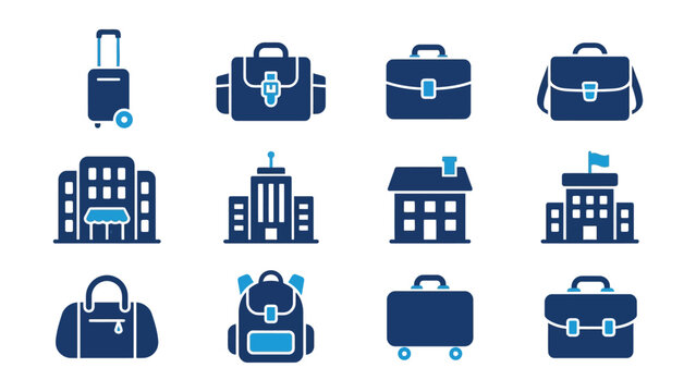Set of travel and work related luggage and building icons with transparent background