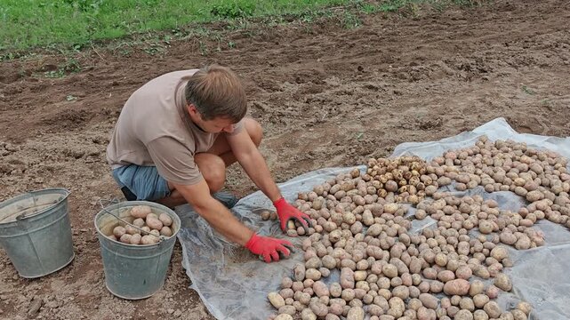 Man sorting pile of freshly harvested potatoes on white cloth in garden, placing crop into bucket, rural dacha lifestyle, early autumn.