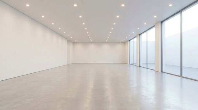 Modern empty white exhibition hall with large windows and bright lighting.