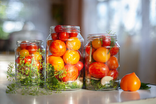 Glass jars filled with fresh colorful tomatoes, dill and garlic, prepared for home canning. Traditional home preservation, marinated vegetables, culinary tradition of stocking up for winter.
