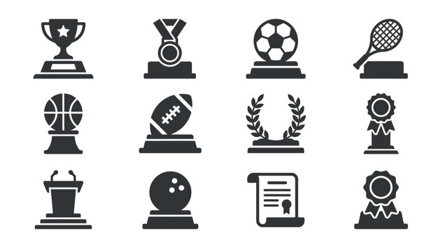 Set of various sports and achievement trophy icons on transparent background
