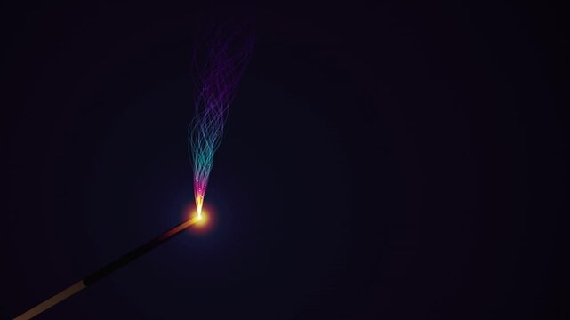 Lit Incense Stick Burning with Colorful Glowing Smoke Trails on a Dark Minimalist Background