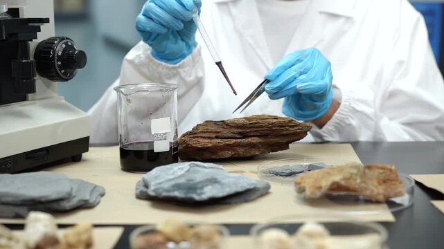 Scientist in a white lab coat uses a pipette and tweezers to examine layered rock and fossil samples beside laboratory equipment