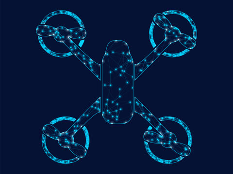 Glowing blue digital drone silhouette rendered with complex geometric wireframe mesh