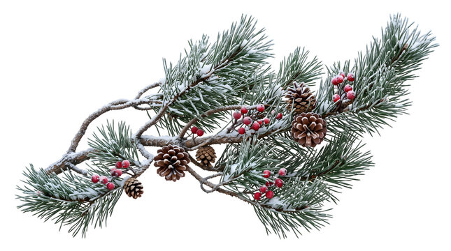 Frosted pine branch with pinecones and red berries isolated on transparent background