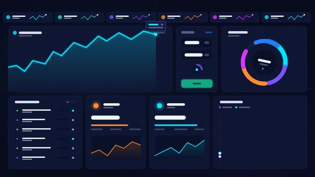 Premium dark fintech trading dashboard animation featuring abstract cryptocurrency market charts, portfolio visualization, transaction activity, asset performance cards, ticker data and historical ana