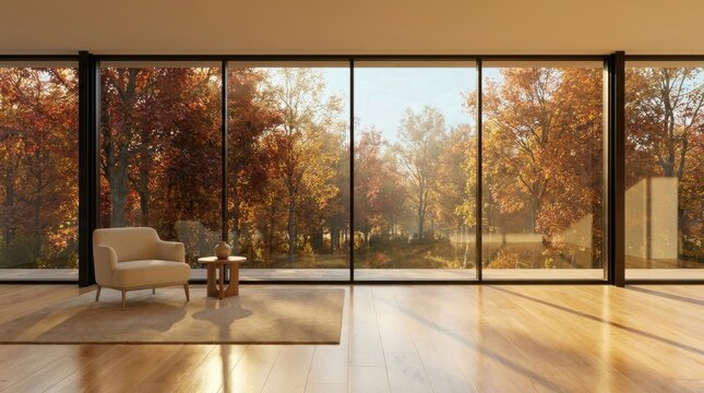 Modern living room with large windows overlooking autumn forest.