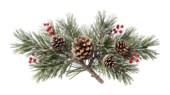 Christmas pine branch with pinecones and red berries isolated on transparent background