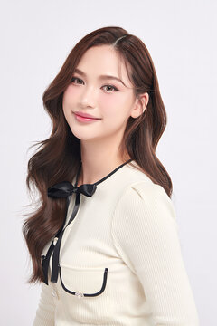 A beautiful young Asian woman with clean, fresh skin against a white background. Skincare, facial treatment, cosmetology, beauty, and spa. An elegant portrait of an Asian woman.