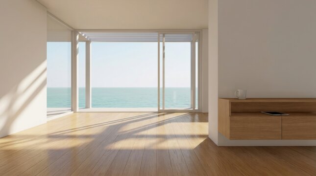 Modern minimalist apartment with large windows overlooking the ocean and sunlight streaming in.