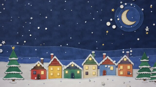 Handmade felt Christmas village at night, stitched little houses with glowing windows and falling snow under a crescent moon, copy space, seamless loop