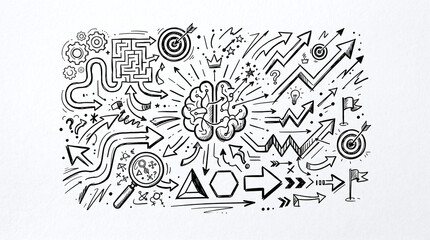 Obraz premium Hand drawn brain diagram with strategic arrows and target symbols.