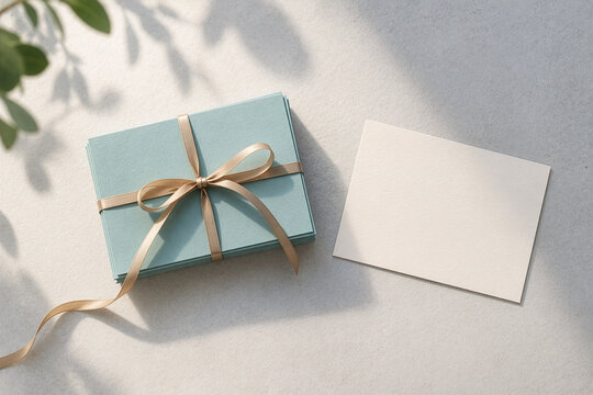 Stack of blue cards tied with a gold ribbon bow next to a blank white card, elegant stationery gift mockup concept