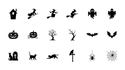 Fototapeta premium Set of Halloween vector icons silhouettes featuring witches, ghosts, pumpkins, bats, black cats, and spiders