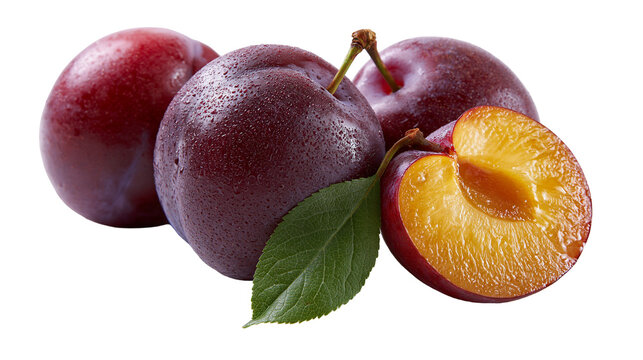 Fresh ripe purple plums with water droplets and green leaf