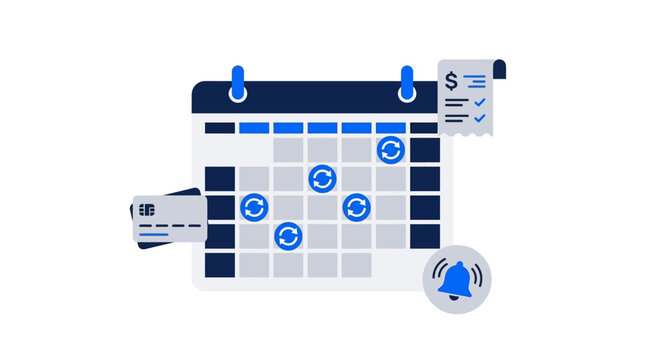 Monthly subscription billing calendar with credit card and recurring payment icons