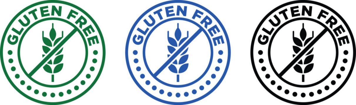 Set of gluten free circular stamps and icons for food packaging with food label dietary restriction allergen free