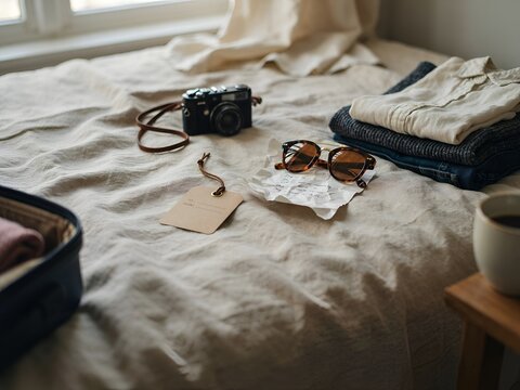 Travel preparation with camera sunglasses and folded clothes on a rumpled linen bed during day