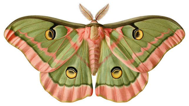 Vibrant green and pink Spanish moon moth with large circular eyespots on wings