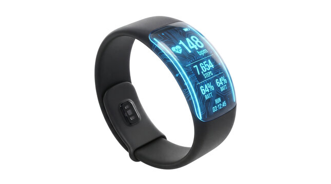 Futuristic fitness tracker with glowing blue interface, smart wearable health monitor, digital sports watch displaying heart rate and step count data isolated PNG with Transparent Background