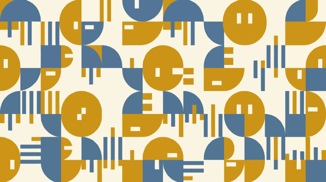 Geometric seamless pattern with abstract mustard and blue shapes