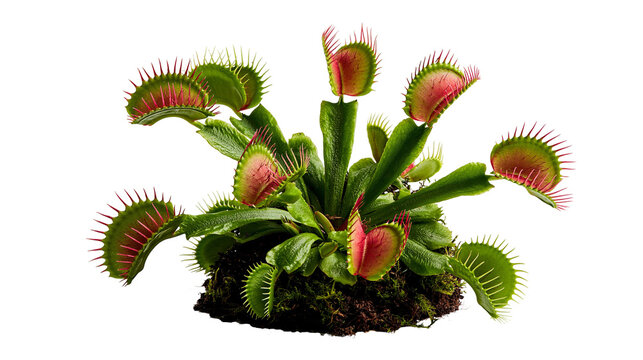 Green and red Venus flytrap plant with spiky leaves and soil root ball