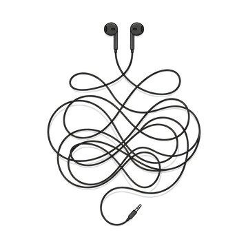 Black wired earphones with tangled cable in heart shape isolated on white background